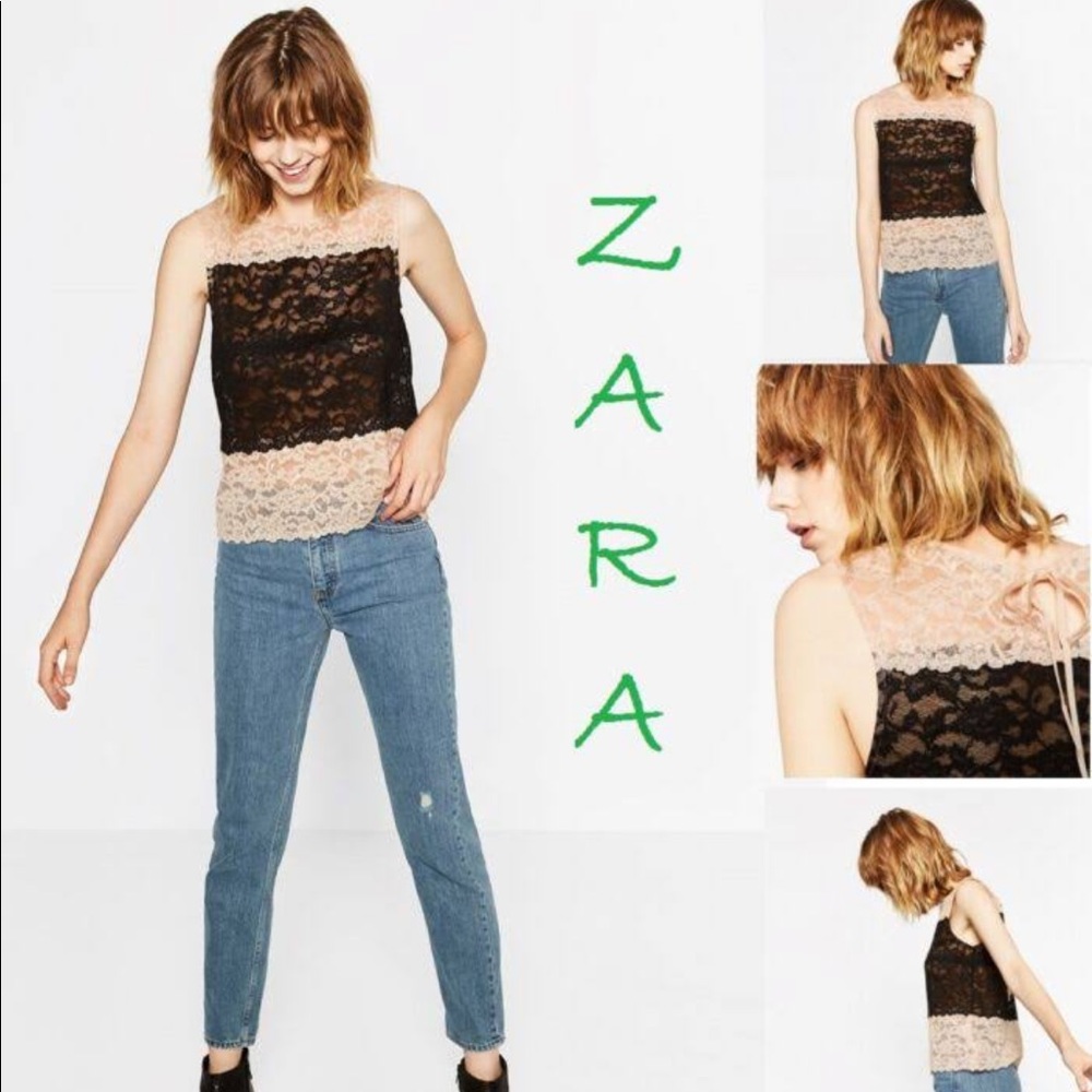NWT Zara two tone lace top black and pink size XS